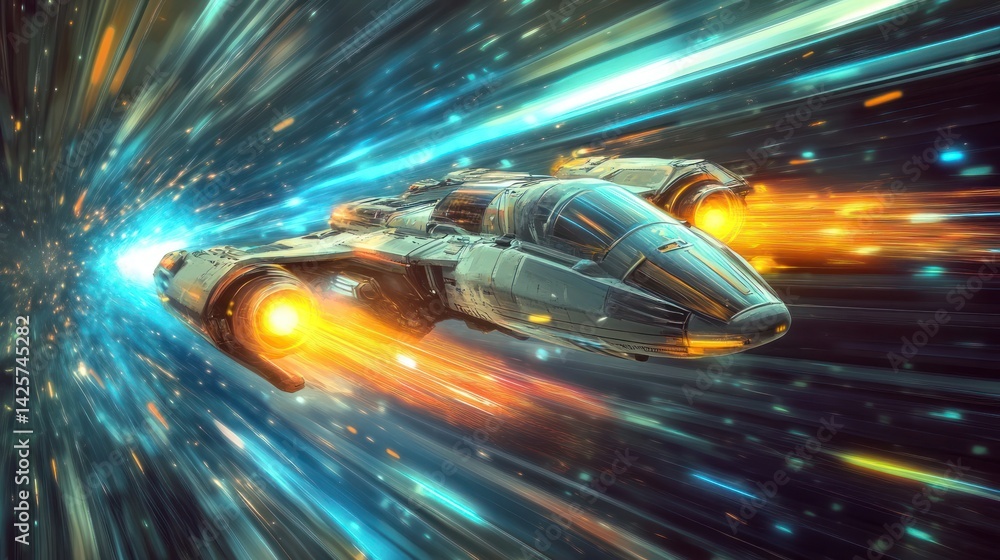 Spaceship traveling through space at great speed exhibiting cool effects Spaceship traveling through space at great speed exhibiting cool effects