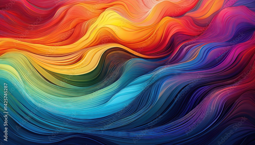 Colorful Digital Abstraction Vibrant Rainbow Waves Flowing Across a Kaleidoscopic Backdrop, Showcasing the Energy and Emotion of a Captivating Artistic Vision. Colorful Digital Abstraction Vibrant Rainbow Waves Flowing Across a Kaleidoscopic Backdrop, Showcasing the Energy and Emotion of a Captivating Artistic Vision.