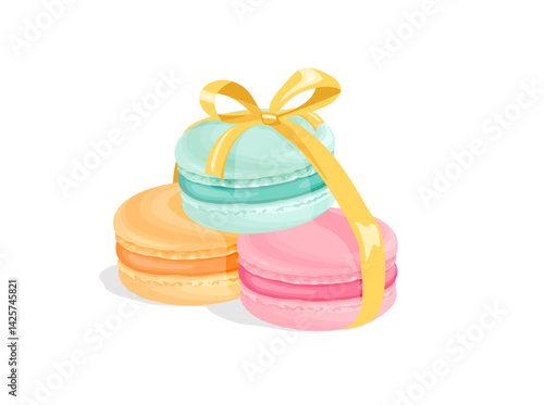 Heap of colorful macarons wrapped with ribbon. Vector cartoon flat illustration of bright sweet cakes