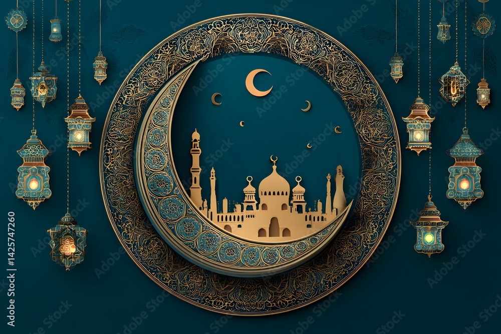Fototapeta premium Golden mosque silhouette inside moon with arabesque patterned border and lantern decor