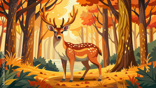  close up Male fallow deer, dama dama, standing in woodland and looking around during autumn rutting season. Stag with antlers in sunny fall forest.