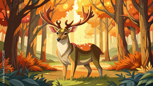  close up Male fallow deer, dama dama, standing in woodland and looking around during autumn rutting season. Stag with antlers in sunny fall forest.