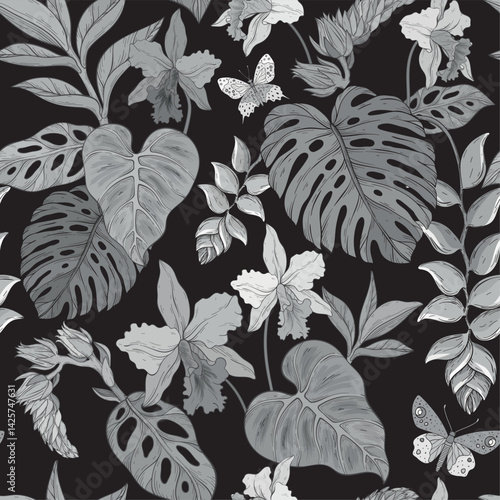 A seamless Monochrome vector pattern featuring tropical leaves, flowers, and butterflies on black background
