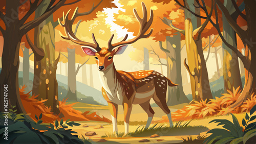  close up Male fallow deer, dama dama, standing in woodland and looking around during autumn rutting season. Stag with antlers in sunny fall forest.