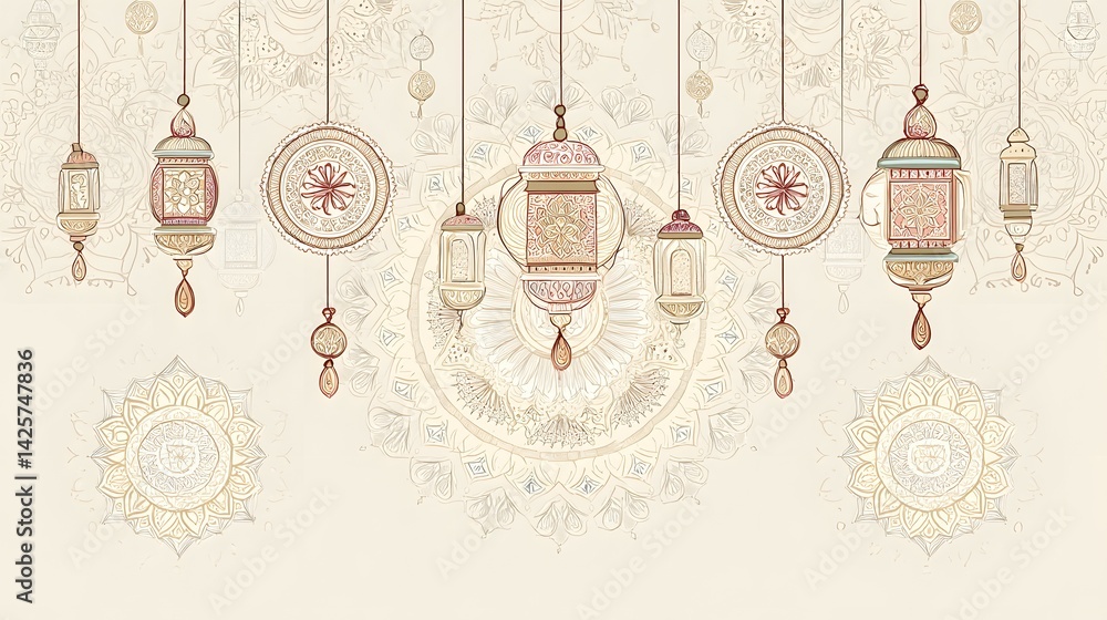 Fototapeta premium Vintage Hanging Lanterns and Mandala Patterned Background with Beige Tone