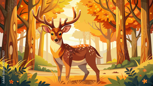  close up Male fallow deer, dama dama, standing in woodland and looking around during autumn rutting season. Stag with antlers in sunny fall forest.