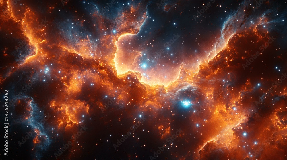 Spectacular interstellar view of a glowing nebula with clouds of cosmic dust and twinkling stars in deep space Spectacular interstellar view of a glowing nebula with clouds of cosmic dust and twinkling stars in deep space