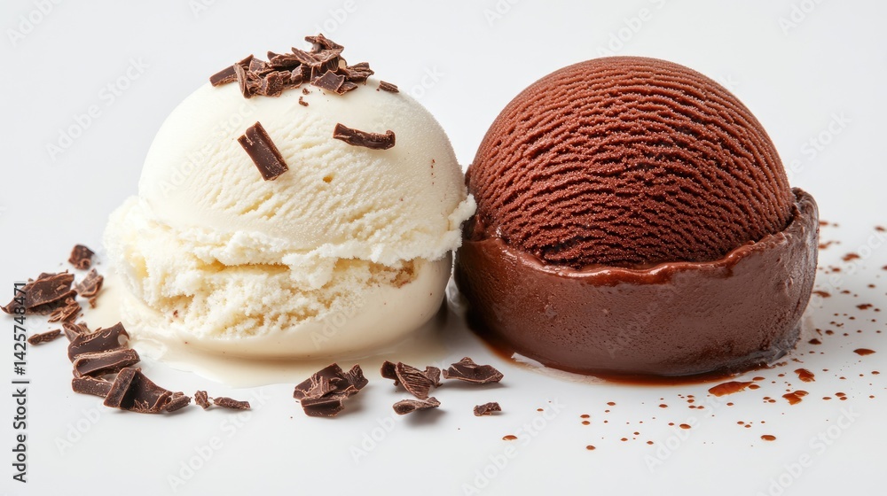 Tempting Scoops of Vanilla and Chocolate Ice Cream with Shavings Tempting Scoops of Vanilla and Chocolate Ice Cream with Shavings