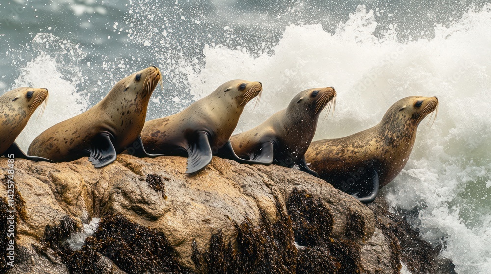 Fototapeta premium California Sea Lions on Rocky Shoreline with Crashing Waves Splashing Behind