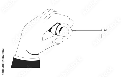 Hand holding vintage-style key outline illustration. Unlocking access, solutions, privacy, security, business opportunities isolated 2D vector image black and white. Linear drawing clip art