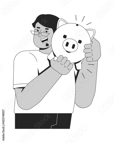 Proud money saver shaking piggy bank line illustration concept. Budgeting, frugal lifestyle. Financial responsible man with piggybank outline 2D character isolated. Ink linear metaphor vector art