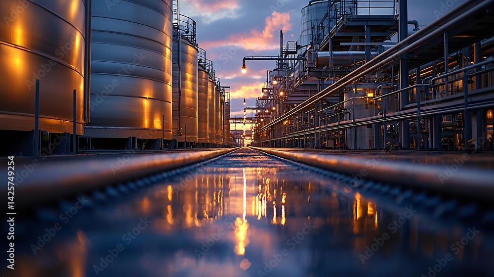 Close-up of industrial storage tanks in a factory with reflection on the floor in a bright setting Close-up of industrial storage tanks in a factory with reflection on the floor in a bright setting