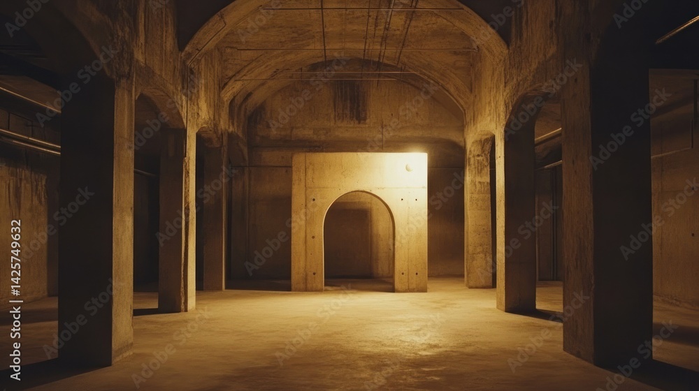 Obraz premium Dark, arched concrete cellar interior with central structure.