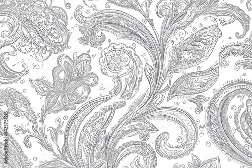 Floral seamless pattern, intricate paisley design on white background, detailed line art