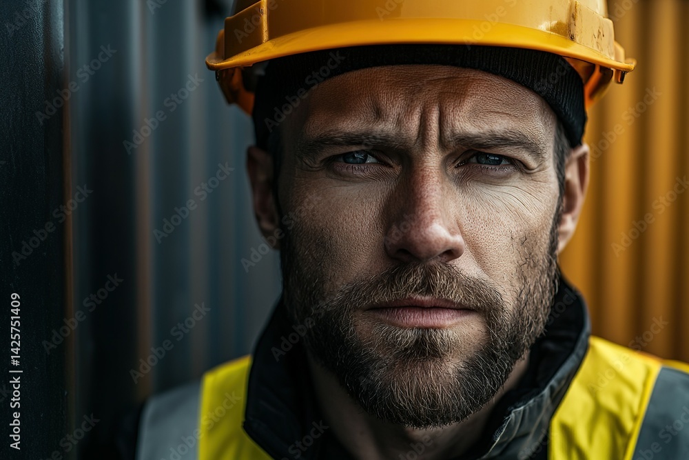 Serious construction worker with hardhat and vest, looks tired, focused and determined after a long day. Serious construction worker with hardhat and vest, looks tired, focused and determined after a long day.