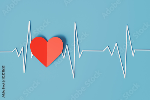 White heartbeat line with red heart shape on blue background.