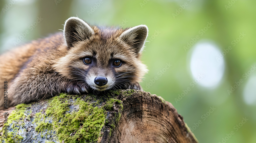 Captivating portrait of a raccoon resting on a mossy tree stump outdoors Captivating portrait of a raccoon resting on a mossy tree stump outdoors