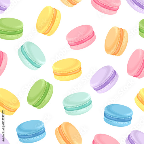 Multicolored macarons seamless pattern. Vector cartoon flat illustration. Background with sweet dessert.