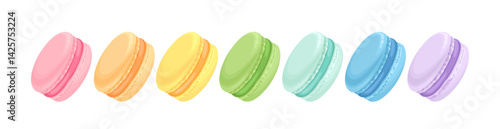 Multicolored french macarons in row isolated on white background. Vector cartoon flat illustration of sweet dessert.
