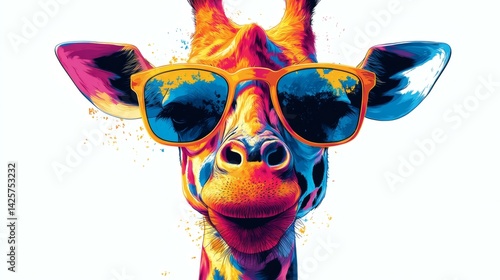 Colorful Pop Art Giraffe Portrait Wearing Sunglasses on White Background - Vibrant and Fun Animal Illustration
