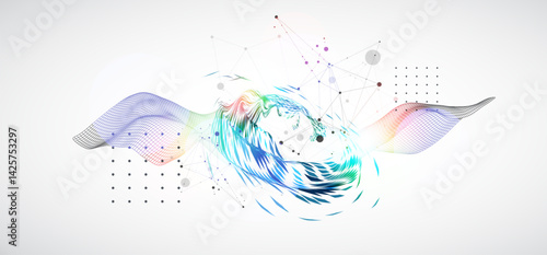 Wireframe wave with swirling pattern of colored elements in the center. Scientific background. Vector.