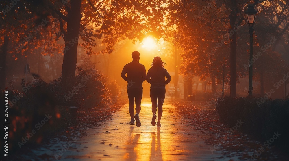 Two adults running on a pathway surrounded by trees in golden light, showcasing fitness, wellness, and a serene outdoor exercise scene Two adults running on a pathway surrounded by trees in golden light, showcasing fitness, wellness, and a serene outdoor exercise scene