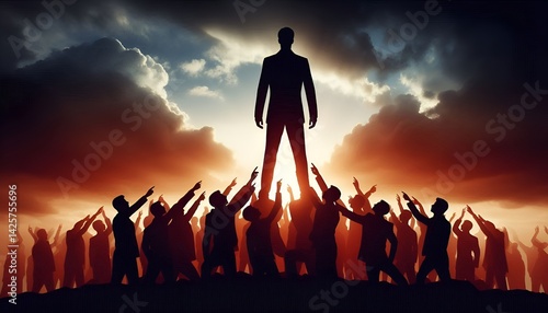 Silhouette of a dominant leader standing above a crowd in a dramatic setting, symbolizing total control