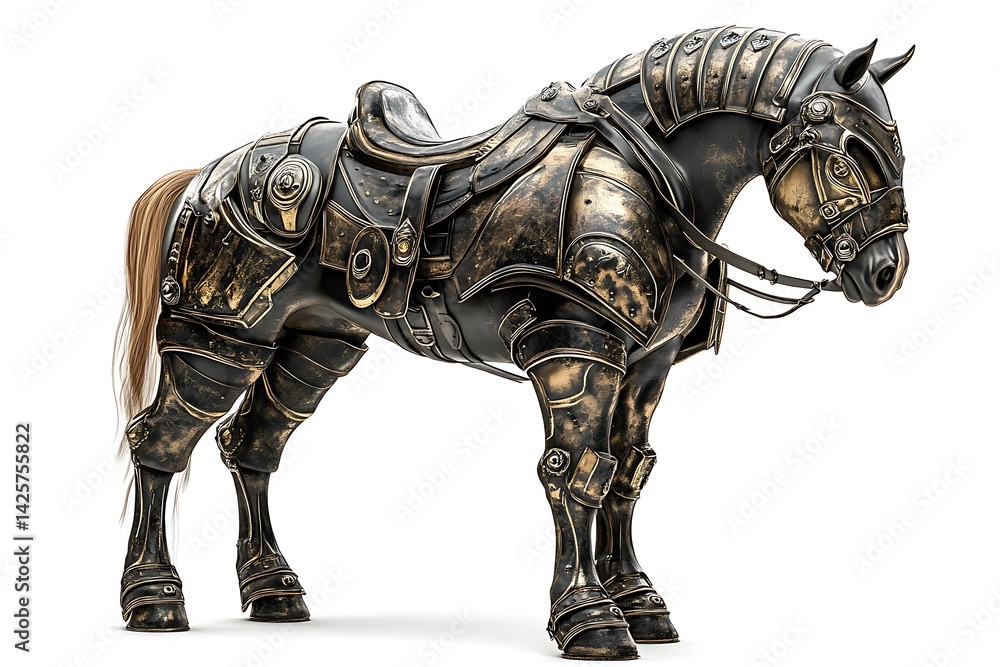 3D Style Battle-Ready Armored Warhorse Isolated on Clean Background 3D Style Battle-Ready Armored Warhorse Isolated on Clean Background