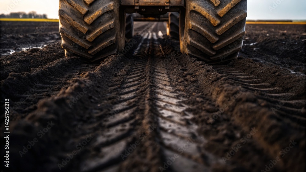Tire tracks from a tractor mark the wet soil of a recently plowed field during dawn. The landscape is vast with an early morning glow, reflecting agricultural activity in rural areas