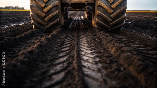 Obraz na płótnie Tire tracks from a tractor mark the wet soil of a recently plowed field during dawn. The landscape is vast with an early morning glow, reflecting agricultural activity in rural areas w salonie