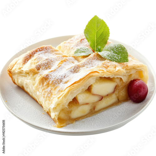 Apple strudel on plate on transparent Background