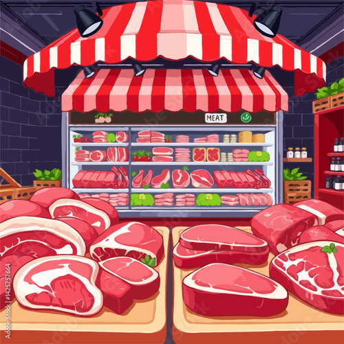  A Vibrant Butcher Shop Displaying Fresh Cuts of Meat Under a Red and White Awning