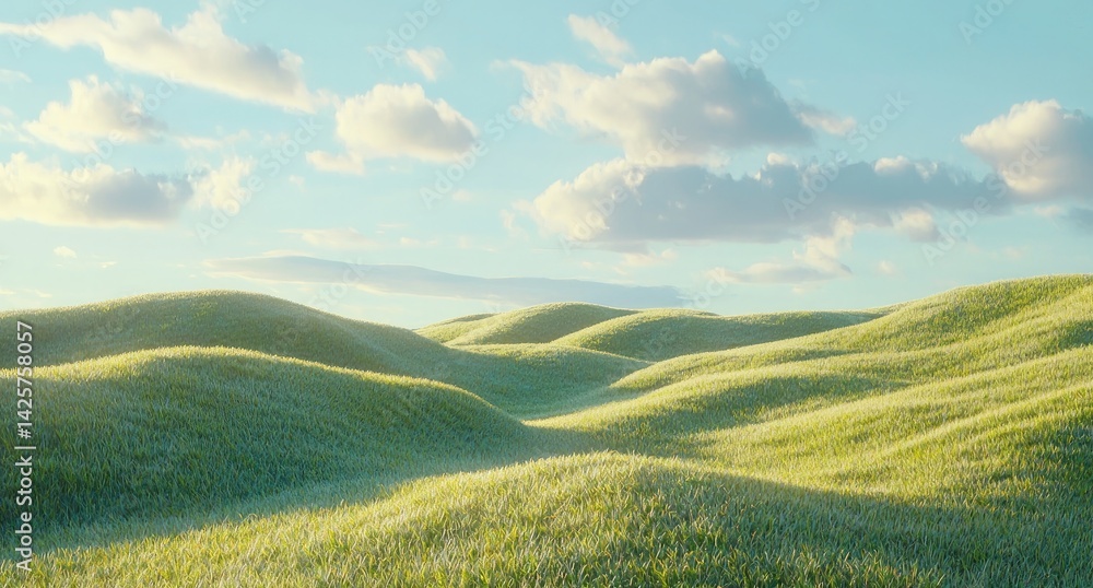Obraz premium green grass hills with a blue sky and clouds in the background