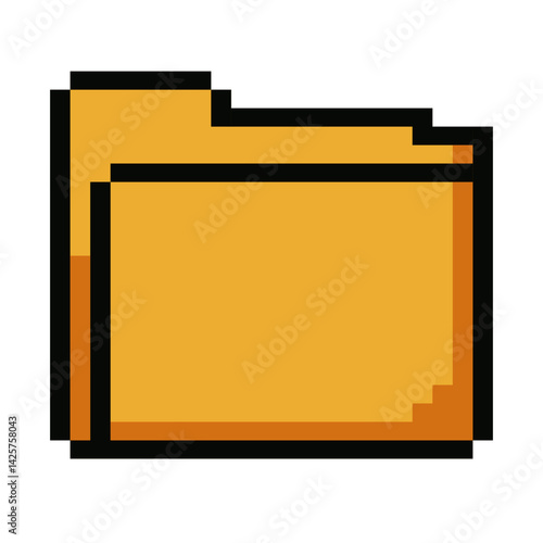 Minimalist pixel art yellow folder icon for business projects, apps, and UI design. Ideal for topics related to documents, file storage, and data management. Retro 8 bit video game style. Vector
