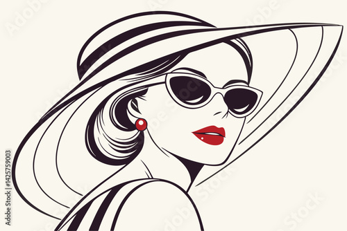 Glamorous Woman with Oversized Sunglasses and Bold Lips Fashion Vector Art