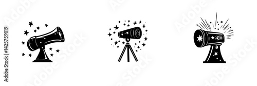 Black icon set featuring various styles of telescopes with decorative stars and sparkles, ideal for representing astronomy and exploration themes