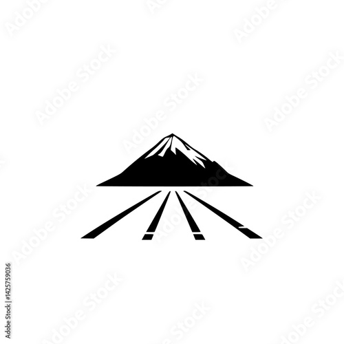 Black mountain icon with snow-capped peak and roads leading towards it seen against a minimalist background