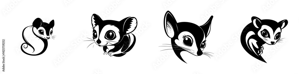 Four black icons feature cute, small animals in whimsical poses Four black icons feature cute, small animals in whimsical poses