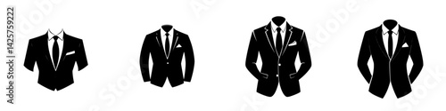 Elegant set of black icons showing various suit styles for professional and formal occasions