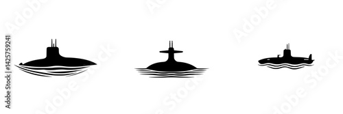 Black icons depicting submarines in various designs and positions on calm waters