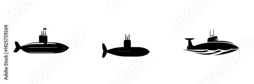 Black icon set featuring different submarine designs for maritime themes