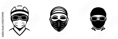 Black icons representing healthcare professionals wearing masks, goggles, and headgear in a simple graphic design