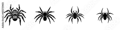 Black icon set featuring various spider designs with intricate details and differing poses