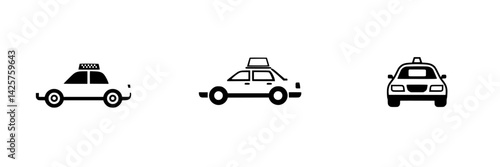 Taxi icons in black silhouette style depicting various angles and designs of taxi vehicles commonly found in urban environments