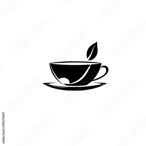 Black icon of a tea cup with a leaf on the rim, symbolizing relaxation and comfort during tea time