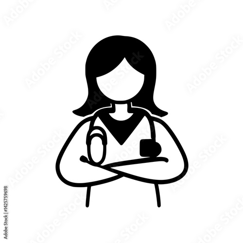 Health professional with crossed arms holding a medical tool, set on white background