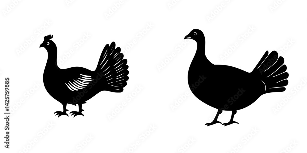 Black silhouettes of two distinct bird species showcasing natural postures and features on a white background Black silhouettes of two distinct bird species showcasing natural postures and features on a white background