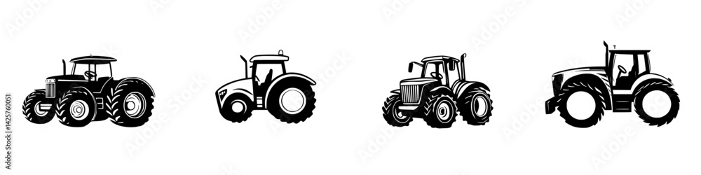 Black icon set featuring various tractor designs suitable for agricultural and farming themes Black icon set featuring various tractor designs suitable for agricultural and farming themes