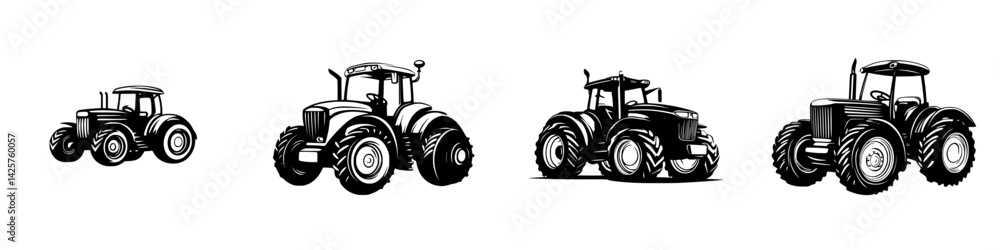 Set of black tractor icons showcasing different styles and designs in a minimalist manner Set of black tractor icons showcasing different styles and designs in a minimalist manner