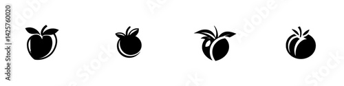Icons showcasing black fruit designs including apple, cherry, and tomato in a minimalist style